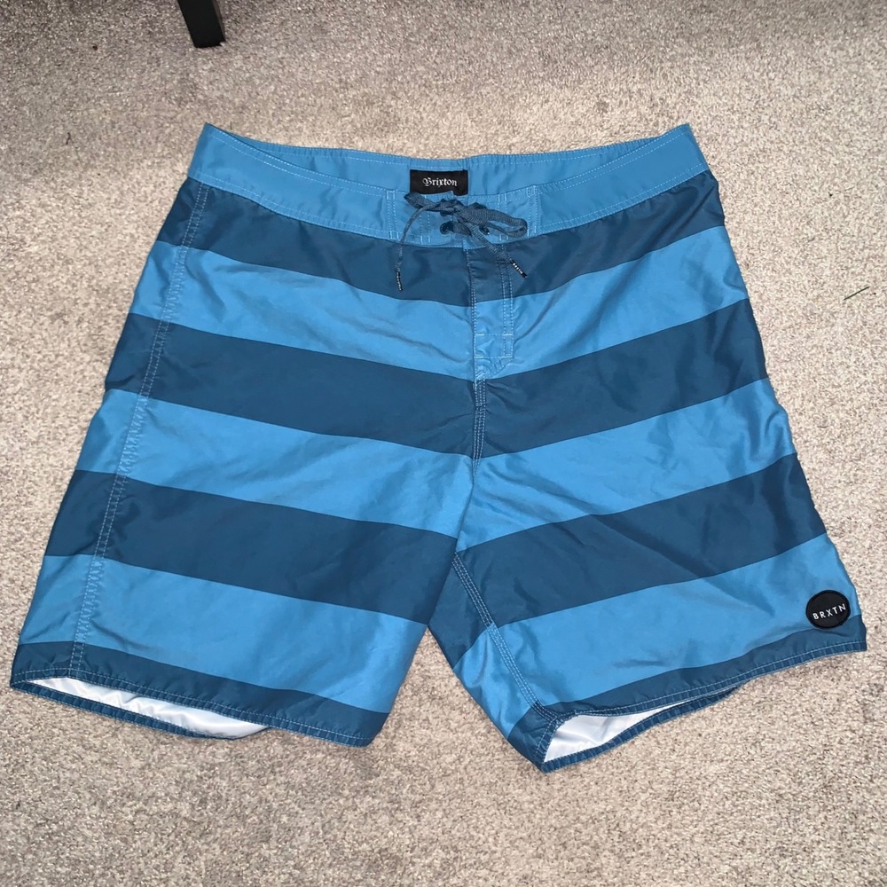 Brixton Mens Blue Striped Board Shorts Swim Trunks Size 38 BRXTN Beachwear